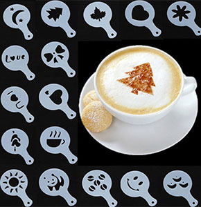 [2235] 16pc Fashion Cappuccino Coffee Barista Stencils Template Strew Pad Duster
