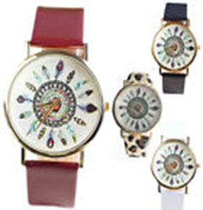 [2402] Casual Womens Vintage Retro Feather Dial Leather Band Quartz Analog Wrist